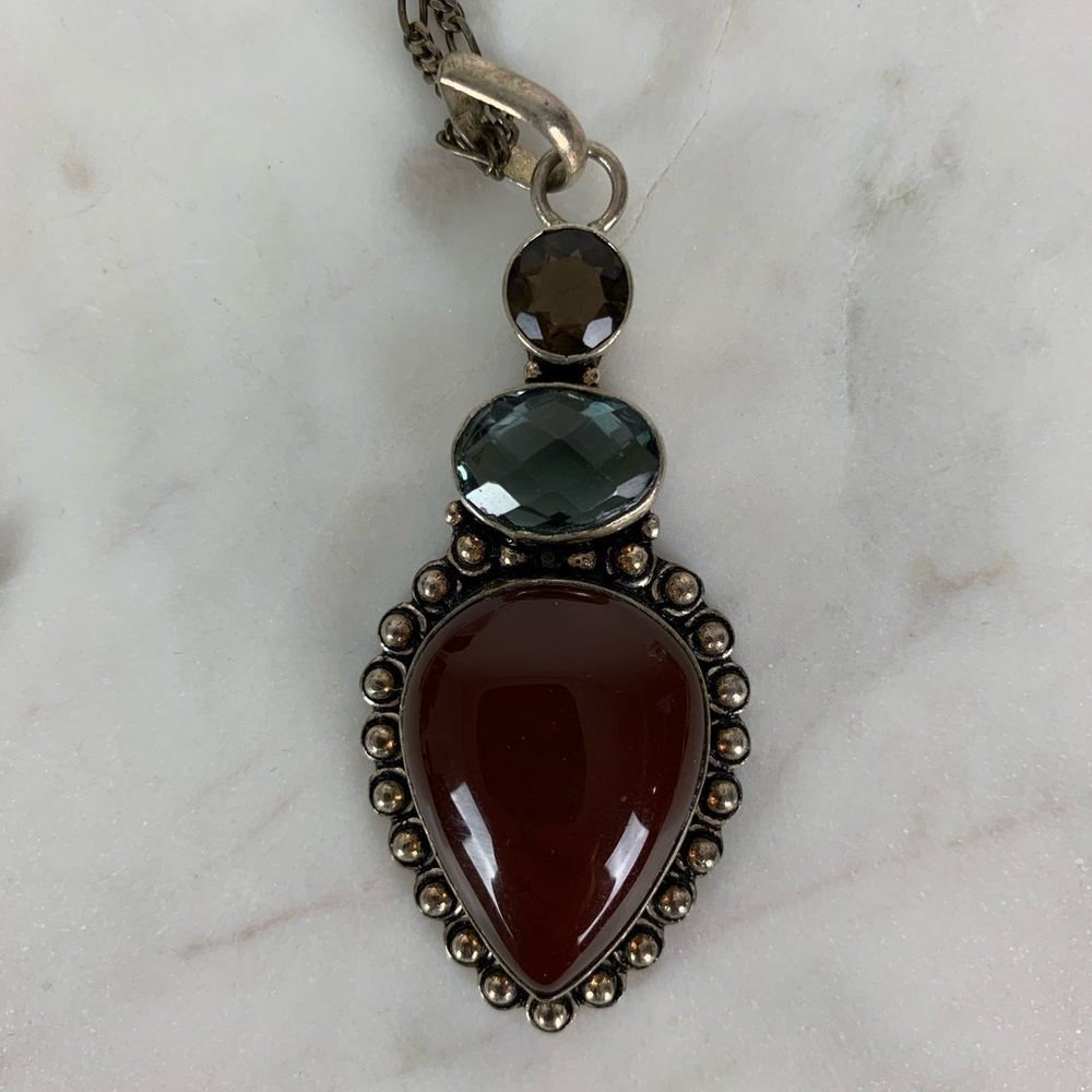 Sterling Silver Multi-Stones Necklace Pendant Stamped 925 Vtg Ornate Bold OOAK
